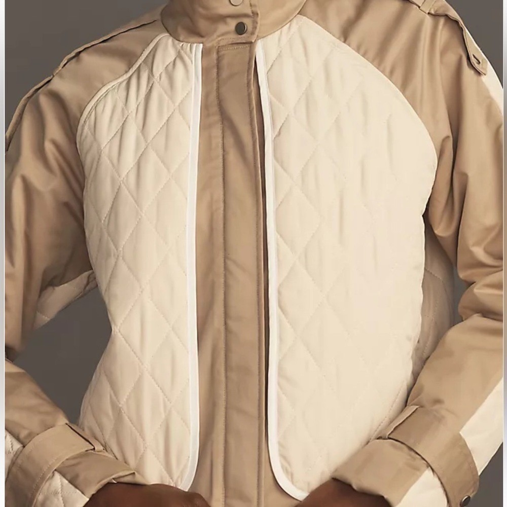 Anthropologie Quilt Mix Cropped Jacket Coat Khaki & Cream Zipper X-Large NWT‎